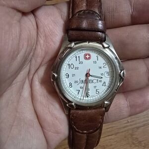 UNTESTED Vtg Wenger Swiss Army Knife Design Leather Watch Date "Sunset Beach"